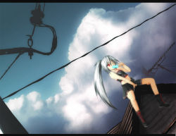 Rule 34 | 1girl, antennae, arm support, boots, cloud, cross-laced footwear, dutch angle, lace-up boots, letterboxed, long hair, midriff, one-eyed, one eye closed, onibi (foxhound4185), ponytail, popsicle, power lines, red eyes, rooftop, silver hair, sitting, skirt, sky, solo, very long hair, wink