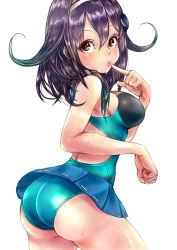 Rule 34 | 10s, 1girl, adapted costume, ass, black hair, breasts, brown eyes, competition swimsuit, ha to mi, kantai collection, one-piece swimsuit, red eyes, ryuuhou (kancolle), short hair, skirt, swimsuit, taigei (kancolle)