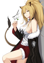 Rule 34 | 1girl, animal ears, arknights, bare shoulders, black jacket, black nails, blonde hair, breasts, candy, choker, cleavage, cowboy shot, cutoffs, dated, food, from side, fur trim, grin, highres, holding, holding candy, holding food, holding lollipop, jacket, large breasts, lion ears, lion tail, lollipop, long hair, looking at viewer, nail polish, off shoulder, open clothes, open jacket, ponytail, red shorts, shirt, short shorts, shorts, siege (arknights), signature, sleeveless, sleeveless shirt, smile, solo, strap gap, tail, tail ornament, tail ring, thighs, twitter username, unel, white shirt, yellow eyes