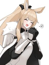Rule 34 | 1girl, :d, ^ ^, animal ear fluff, animal ears, arknights, armor, black bow, black gloves, blemishine (arknights), bow, breastplate, cape, closed eyes, commentary request, eighth note, facing viewer, fur-trimmed cape, fur trim, gloves, hair bow, hands up, high ponytail, highres, horse ears, light brown hair, long hair, musical note, open mouth, own hands together, ponytail, sidelocks, simple background, smile, solo, spoken musical note, upper body, white background, white cape, yuki nko64