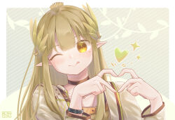 Rule 34 | 1girl, absurdres, arknights, bracelet, brown hair, closed mouth, coat, haaiiro, hair ornament, heart, heart hands, highres, jewelry, long hair, long sleeves, looking at viewer, mole, mole under eye, muelsyse (arknights), one eye closed, pointy ears, sidelocks, smile, solo, tongue, tongue out, yellow eyes
