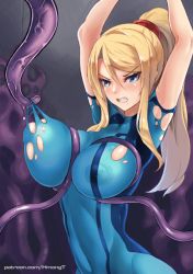 Rule 34 | 1girl, animated, animated gif, artist name, blonde hair, blue eyes, bodysuit, breast cutout, breasts, clenched teeth, hm (hmongt), inverted nipples, large breasts, metroid, mole, mole under mouth, nintendo, nipples, open mouth, ponytail, restrained, samus aran, tears, teeth, tentacles, torn bodysuit, torn clothes, watermark, web address, zero suit