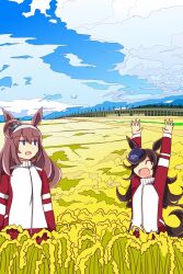 Rule 34 | 2girls, ahoge, animal ears, blue eyes, blue sky, brown hair, closed mouth, cloud, cloudy sky, commentary request, ear ornament, field, hair ornament, hairclip, hat, highres, horse ears, horse girl, horse tail, jacket, long sleeves, mihono bourbon (umamusume), multiple girls, open mouth, outdoors, pants, purple hat, red jacket, red pants, rice paddy, rice shower (umamusume), silver hairband, sky, tail, tracen training uniform, track jacket, track pants, umamusume, wahiko (black bastard)
