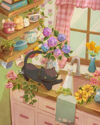 Rule 34 | 2others, artist logo, bee, book, bug, cat, cissyartcafe, cup, flower, frog, highres, hydrangea, indoors, insect, kitchen, leaf, multiple others, original, pink flower, pink rose, plant, plate, potted plant, rose, shelf, sunflower, teacup, teapot, towel, tulip, vase, water, window, yellow flower, yellow tulip