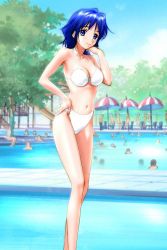 Rule 34 | 1girl, arm up, bikini, blue eyes, blue hair, blurry, breasts, chain-link fence, cleavage, day, depth of field, fence, hand on own hip, large breasts, light smile, long legs, looking at viewer, navel, non-web source, outdoors, parasol, pool, poolside, short hair, solo focus, standing, swimsuit, table, tree, umbrella, water slide, white bikini