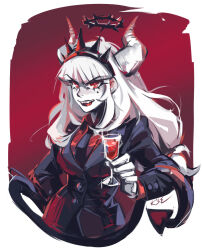 Rule 34 | 1girl, crown of thorns, cup, demon girl, demon horns, demon tail, formal, helltaker, highres, holding, holding cup, horns, looking at viewer, lucifer (helltaker), rejected3faq, solo, suit, tail, white hair