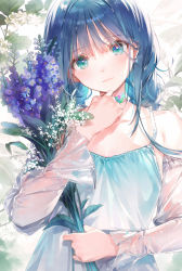 Rule 34 | 1girl, aqua eyes, baby&#039;s-breath, bare shoulders, blue hair, bouquet, braid, breasts, closed mouth, commentary request, detached sleeves, dsmile, earrings, flower, hair strand, head tilt, holding, holding flower, jewelry, light smile, long hair, looking at viewer, original, purple flower, revision, see-through, see-through sleeves, solo, strap gap, twin braids, twintails, upper body, white flower