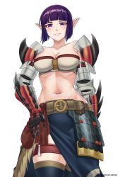 Rule 34 | 1girl, absurdres, armor, bare shoulders, belt, blue thighhighs, blunt bangs, blush, breasts, brown belt, cleavage, collarbone, commentary, cowboy shot, elbow gloves, gauntlets, gloves, groin, hand on own hip, highres, leg belt, looking at viewer, medium breasts, midriff, monster hunter (series), monster hunter rise, navel, original, parted lips, pointy ears, purple eyes, purple hair, seraphim throne, short hair, shoulder armor, sidelocks, simple background, smile, solo, standing, strapless, thighhighs, tube top, twitter username, waist cape, white background, white tube top
