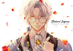 Rule 34 | 1boy, 1girl, blue jacket, closed mouth, forehead, formal, glasses, gloves, holding hands, jacket, long sleeves, looking at viewer, necktie, petals, polo shirt, rosa (tears of themis), shirt, short hair, simple background, smile, tears of themis, white background, white gloves, white hair, white necktie, white shirt, yellow eyes, youyou (kohyu99)