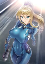 Rule 34 | 1girl, blonde hair, blue bodysuit, blue eyes, bodysuit, breasts, covered navel, directed-energy weapon, energy gun, energy weapon, from above, gun, handgun, high ponytail, highres, holding, holding gun, holding weapon, large breasts, long hair, metroid, mole, mole under mouth, nandz, nintendo, pistol, samus aran, sidelocks, skin tight, solo, weapon, wrist cuffs, zero suit