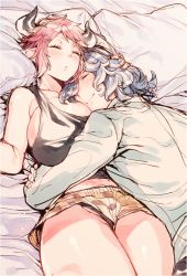 Rule 34 | 1boy, 1girl, animal ears, animal print, bare arms, bare shoulders, bed, between breasts, black panties, black tank top, blue hair, blush, breast pillow, breasts, brown shorts, closed eyes, closed mouth, couple, cow ears, cow horns, drang (granblue fantasy), draph, eno yukimi, granblue fantasy, hair over one eye, hand on another&#039;s head, head between breasts, heads together, hetero, horns, hug, huge breasts, legs together, leopard print, long hair, long sleeves, lying, micro shorts, midriff, on back, on stomach, panties, pantyshot, parted lips, pillow, pointy ears, print shorts, red hair, revision, shiny skin, shirt, short hair, shorts, sidelocks, sketch, skindentation, sleeping, sleepwear, smile, sturm (granblue fantasy), tank top, underwear, upshorts, wavy hair, white shirt
