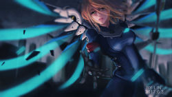 Rule 34 | 1girl, alternate eye color, alternate hairstyle, armband, artist name, beret, blonde hair, blue bodysuit, blue wings, blurry, bodysuit, breasts, brown eyes, cityscape, cloud, cloudy sky, combat medic ziegler, commentary request, dated, debris, depth of field, glowing, glowing wings, hair between eyes, hat, highres, holding, holding staff, leaning forward, linfg, lips, long sleeves, looking at viewer, mechanical wings, medium breasts, medium hair, mercy (overwatch), messy hair, nose, official alternate costume, outdoors, outstretched hand, overwatch, overwatch 1, parted lips, pink lips, reaching, reaching towards viewer, signature, sky, solo, spread wings, staff, twilight, white hat, wings