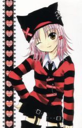 Rule 34 | 1girl, cross hair ornament, hair ornament, hat, hinamori amu, jewelry, necktie, official art, one eye closed, peach-pit, pink hair, scan, short hair, shorts, shugo chara!, smile, solo, striped, thighhighs, wink, yellow eyes