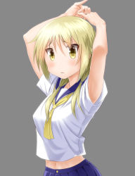 Rule 34 | 1girl, arms up, blonde hair, blue sailor collar, blue skirt, blush, closed mouth, commentary request, grey background, hair between eyes, hair over shoulder, highres, ichii yui, long hair, looking at viewer, low twintails, navel, pleated skirt, sailor collar, school uniform, serafuku, shirt, short sleeves, simple background, skirt, solo, taka (takahirokun), twintails, white shirt, yellow eyes, yellow neckwear, yuyushiki