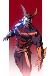 Rule 34 | 1boy, all might, antenna hair, bara, blonde hair, blue bodysuit, blue eyes, bodysuit, boku no hero academia, bulge, covered abs, covered navel, feet out of frame, grin, hair slicked back, large pectorals, lovesheng1314, male focus, muscular, one eye covered, pectorals, simple background, skin tight, smile, solo, superhero costume