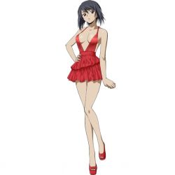 Rule 34 | 1girl, bare shoulders, black eyes, black hair, breasts, cleavage, code geass, code geass: boukoku no akito, collarbone, dress, full body, hand on own hip, head tilt, high heels, kousaka ayano, looking at viewer, medium breasts, official art, red dress, red footwear, shiny skin, shoes, short hair, sideboob, simple background, sleeveless, sleeveless dress, solo, super robot wars, super robot wars x-omega, white background