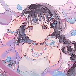 Rule 34 | 1girl, :t, bear hair ornament, black choker, black hair, blush, braid, breasts, camisole, choker, closed mouth, collarbone, commentary request, grid background, hair ornament, hairclip, heart, holding, jacket, long hair, long sleeves, looking at viewer, low twintails, o-ring, o-ring choker, open clothes, open jacket, original, pink eyes, pink jacket, puffy long sleeves, puffy sleeves, sencha (senta 10), small breasts, solo, twin braids, twintails, upper body, white camisole, x hair ornament