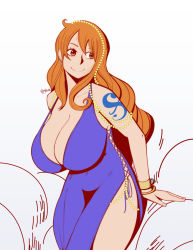 Rule 34 | 1girl, alternate costume, armpits, bare arms, bare shoulders, blush, breasts, cleavage, curvy, dress, female focus, huge breasts, joylewds, large breasts, long dress, long hair, looking at viewer, nami (one piece), nami (one piece) (post-timeskip), nami (one piece) (zou), official alternate costume, one piece, orange hair, revealing clothes, short dress, smile, solo, tattoo, thick thighs, thighs, very long hair, wide hips