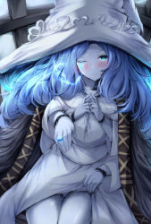 Rule 34 | 1girl, blue eyes, blue hair, cloak, closed mouth, clothes lift, commentary request, dress, dress lift, elden ring, extra arms, fur cloak, hat, highres, jewelry, lifting own clothes, littlehobby, one eye closed, pale skin, ranni the witch, ring, sitting, solo, spoilers, thighs, white dress, white hat, witch, witch hat