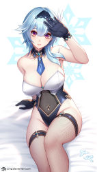 Rule 34 | 1girl, alternate costume, arm support, arm up, bare shoulders, black gloves, blue hair, blue neckwear, breasts, cleavage, covered erect nipples, detached collar, eula (genshin impact), fishnet thighhighs, fishnets, genshin impact, gloves, hair between eyes, highres, jurrig, large breasts, leotard, medium hair, multicolored leotard, playboy bunny, purple eyes, sitting, thighhighs, thighs