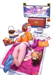 Rule 34 | 1girl, anus, ass, blue eyes, blue socks, bottomless, cleft of venus, controller, cropped jacket, feet up, food, from behind, game cartridge, game console, game controller, glasses, headphones, highres, looking at another, lying, no shoes, on stomach, orange hair, panty warriors, pillow, pink lips, playing, playing games, pocky, pussy, raccoon, short hair, simple background, smile, snack, socks, solo, super famicom, tagme, tea, teapot, television, thighs, uncensored, wen juinn, white background