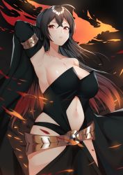Rule 34 | 1girl, alternate costume, armpits, azur lane, black hair, breasts, cleavage, closed mouth, collarbone, commission, crow (gravity daze), from below, gravity daze, hand on back, highres, j.moon, large breasts, long hair, looking at viewer, navel, red eyes, solo, taihou (azur lane)