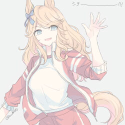 Rule 34 | 1girl, animal ears, blonde hair, blue eyes, bow, breasts, ear bow, gold city (umamusume), grey background, hand up, horse ears, horse girl, horse tail, inutose, jacket, long hair, long sleeves, looking at viewer, open clothes, open jacket, open mouth, red shorts, shirt, shorts, small breasts, smile, solo, tail, track jacket, twitter username, umamusume, upper body, waving, white shirt