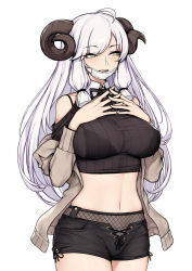 Rule 34 | 1girl, ahoge, bare shoulders, black bra, black shorts, blush, bow, bowtie, bra, breasts, commentary request, evan yang, fishnets, grey eyes, hair tie, highres, horns, jacket, large breasts, long hair, looking at viewer, mask, midriff, navel, off shoulder, open clothes, open jacket, original, own hands together, see-through, sheep horns, short shorts, shorts, simple background, smile, solo, underwear, white background, white hair