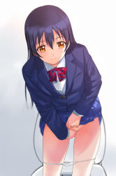 Rule 34 | 1girl, a1 (initial-g), bathroom, between legs, blazer, blue hair, bow, bowtie, clothes lift, commentary request, covering crotch, covering privates, cowboy shot, hair between eyes, hand between legs, jacket, lifting own clothes, long hair, long sleeves, love live!, love live! school idol project, otonokizaka school uniform, panties, panty pull, pleated skirt, red bow, red bowtie, school uniform, skirt, skirt lift, smile, solo, sonoda umi, standing, striped bow, striped bowtie, striped clothes, striped neckwear, toilet, toilet use, underwear, white panties, wiping, yellow eyes