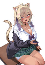 Rule 34 | 1girl, :3, absurdres, ahoge, alternate breast size, animal ear fluff, animal ears, black cardigan, black collar, blush, bow, bowtie, breasts, cardigan, cellphone, cleavage, collar, collarbone, collared shirt, colored inner hair, crossed bangs, desk, dress shirt, green skirt, gyaru, hair between eyes, heart, highres, holding, holding phone, hololive, kogal, large breasts, leopard ears, leopard girl, leopard tail, long sleeves, looking at viewer, medium hair, miniskirt, multicolored hair, nail polish, nekomata okayu, off shoulder, on desk, open cardigan, open clothes, open mouth, phone, pink nails, plaid, plaid skirt, pleated skirt, purple bow, purple bowtie, purple eyes, purple hair, school desk, school uniform, shirt, simple background, sitting, on desk, skirt, smartphone, solo, tail, thighs, torpedo (gad3757), virtual youtuber, white background, white shirt