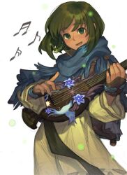 Rule 34 | 1girl, 9twoeight, absurdres, blush, dangle earrings, earrings, freckles, green eyes, green hair, highres, holding, holding instrument, instrument, jewelry, long hair, long sleeves, looking at viewer, mabinogi, music, musical note, original, playing instrument, short hair, simple background, smile, solo, white background
