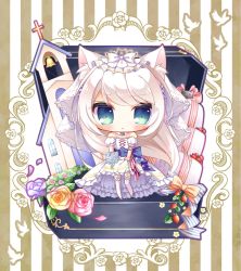Rule 34 | 1girl, american flag, american flag print, animal ears, azur lane, bare shoulders, bell, bird, blue bow, blue ribbon, blush, bouquet, bow, cake, cat ears, chibi, church, closed mouth, commentary request, detached sleeves, dress, flag print, flower, food, fruit, garter straps, green eyes, hammann (azur lane), highres, holding, holding bouquet, jewelry, long hair, puffy short sleeves, puffy sleeves, purple flower, purple rose, red flower, red rose, ribbon, ring, rose, ryuuka sane, short sleeves, silver hair, solo, standing, strapless, strapless dress, strawberry, striped background, striped bow, striped ribbon, thighhighs, veil, vertical stripes, very long hair, wedding band, wedding cake, wedding dress, white bow, white dress, white flower, white rose, white thighhighs, yellow flower, yellow rose