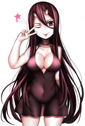 Rule 34 | 10s, 1girl, ;p, abyssal ship, battleship princess, black dress, black hair, breasts, cleavage, covered navel, dress, highres, horns, kantai collection, large breasts, long hair, looking at viewer, nano (syoutamho), one eye closed, red eyes, short dress, sleeveless, smile, solo, tongue, tongue out, v, white legwear