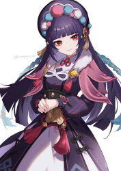 Rule 34 | 1girl, blunt bangs, bonnet, capelet, commentary, dress, eyeshadow, genshin impact, hat, highres, long hair, long sleeves, looking at viewer, makeup, pom pom (clothes), purple dress, purple hair, red eyes, red eyeshadow, simple background, smile, solo, tassel, twitter username, unapoppo, vision (genshin impact), white background, yun jin (genshin impact)