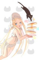 Rule 34 | 1girl, abigail williams (fate), abigail williams (swimsuit foreigner) (fate), abigail williams (swimsuit foreigner) (third ascension) (fate), bare shoulders, bikini, black cat, blonde hair, blue eyes, blush, bonnet, bow, braid, breasts, cat, fate/grand order, fate (series), food, forehead, hair bow, hair rings, highres, long hair, looking at viewer, miniskirt, navel, open mouth, pancake, parted bangs, sidelocks, skirt, small breasts, smile, solo, swimsuit, twin braids, twintails, very long hair, white bikini, white bow, white headwear, zenshin