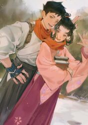 Rule 34 | 2boys, ace attorney, armor, black eyes, black hair, black hakama, book, cowboy shot, hair bun, hakama, hand up, highres, holding, holding book, japanese armor, japanese clothes, kimono, kote, liyuliyuzhou, long sleeves, looking at viewer, male focus, multiple boys, open mouth, pink kimono, red scarf, ryunosuke naruhodo, scarf, shared clothes, shared scarf, short hair, smile, standing, susato mikotoba, the great ace attorney, waving, white kimono, wide sleeves