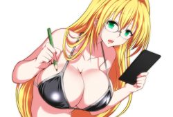 Rule 34 | 1girl, bare arms, bare shoulders, bikini, bikini top only, black bikini, blonde hair, blush, breasts, cleavage, game cg, glasses, green eyes, highres, holding, large breasts, long hair, looking at viewer, nuko majin, open mouth, pencil, solo, swimsuit, tearju lunatique, to love-ru, to love-ru darkness, transparent background, upper body