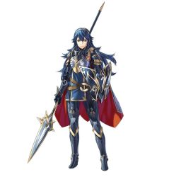 Rule 34 | 1girl, armor, blue eyes, blue hair, fire emblem, fire emblem awakening, fire emblem heroes, kozaki yuusuke, looking at viewer, lucina (brave princess) (fire emblem), lucina (fire emblem), nintendo, official alternate costume, official art, polearm, shield, simple background, smile, solo, spear, standing, tiara, weapon, white background