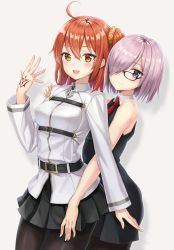 2girls, :d, ahoge, bangs, bare shoulders, belt, belt buckle, black-framed eyewear, black dress, black legwear, black skirt, blush, breasts, buckle, closed mouth, collared dress, command spell, cowboy shot, dress, eyebrows visible through hair, fate/grand order, fate (series), fujimaru ritsuka (female), glasses, grey background, hair ornament, hair over one eye, hair scrunchie, hand on another&#039;s shoulder, hand tattoo, highres, long sleeves, looking at viewer, mash kyrielight, medium breasts, miniskirt, multiple girls, necktie, one side up, open mouth, orange eyes, orange hair, pantyhose, pink hair, pleated skirt, purple eyes, red neckwear, scrunchie, shinno, shiny, shiny hair, shirt, short hair, simple background, skirt, sleeveless, sleeveless dress, smile, standing, tattoo, uniform, white shirt, wing collar