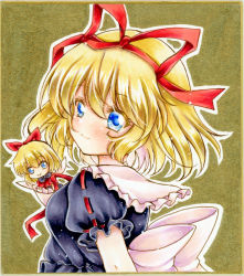 Rule 34 | 1girl, back bow, black shirt, blonde hair, blue eyes, blush, bow, commentary request, doll, graphite (medium), hair between eyes, hair ribbon, highres, holding, holding doll, looking at viewer, looking back, marker (medium), medicine melancholy, nekofish666, red ribbon, ribbon, shirt, short hair, short sleeves, smile, solo, touhou, traditional media, white bow