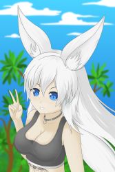 Rule 34 | absurdres, animal ears, arm up, bare arms, bare shoulders, blue eyes, breasts, cleavage, cloud, colored skin, eyebrows, from side, grass, grey tank top, highres, jewelry, large breasts, long hair, looking at viewer, necklace, plant, simple background, sky, smile, tank top, tattoo, teeth, toastlawine, upper body, v, wavy hair, white hair, white skin