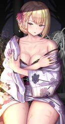 Rule 34 | 1girl, absurdres, assault lily, bad id, bad pixiv id, bare shoulders, black bra, black panties, blonde hair, blush, bra, breasts, chin gero, cleavage, collarbone, floral print, hair ornament, highres, japanese clothes, jewelry, kimono, large breasts, long sleeves, looking at viewer, miyagawa takane, off shoulder, official alternate costume, panties, parted lips, purple kimono, ring, short hair, sitting, solo, thighs, underwear, wide sleeves, yukata