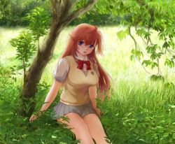 Rule 34 | 10s, 1girl, :d, ano natsu de matteru, blue eyes, bow, bowtie, breasts, day, glasses, grass, large breasts, long hair, looking at viewer, meadow, miniskirt, mori chu, nature, open mouth, orange hair, outdoors, pleated skirt, purple eyes, red hair, scenery, school uniform, shade, sitting, skirt, smile, solo, sweater vest, takatsuki ichika, tree