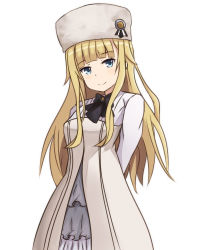 Rule 34 | 1girl, arms behind back, bad id, bad pixiv id, black bow, blonde hair, blue eyes, blush, bow, closed mouth, commentary request, dress, fur hat, hair flaps, hat, head tilt, highres, long hair, long sleeves, looking at viewer, mitchi, princess (princess principal), princess principal, sidelocks, smile, solo, very long hair