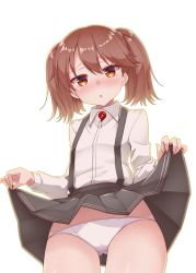 Rule 34 | 1girl, :o, backlighting, blush, brown hair, clothes lift, commentary request, cowboy shot, from below, kantai collection, kirigakure (kirigakure tantei jimusho), lifting own clothes, long sleeves, magatama, orange eyes, panties, parted lips, pleated skirt, ryuujou (kancolle), shirt, simple background, skirt, skirt lift, solo, suspenders, underwear, white background, white panties, white shirt