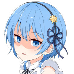 Rule 34 | 1girl, :d, black ribbon, blue eyes, felutiahime, flower knot, frills, frown, hair ornament, hair ribbon, highres, hololive, hoshimachi suisei, looking at viewer, medium hair, neck ribbon, open mouth, portrait, ribbon, simple background, smile, solo, star (symbol), star hair ornament, virtual youtuber, white background