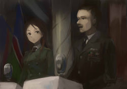 Rule 34 | 1boy, 1girl, brown eyes, facial hair, flag, frown, hugh dowding, kanokoga, long hair, microphone, military, military uniform, minna-dietlinde wilcke, mustache, necktie, open mouth, pillar, real life, red hair, strike witches, uniform, world witches series