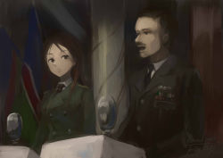 1boy 1girl brown_eyes facial_hair flag frown hugh_dowding kanokoga long_hair microphone military military_uniform minna-dietlinde_wilcke mustache necktie open_mouth pillar real_life red_hair strike_witches world_witches_series