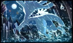 Rule 34 | articuno, cloud, commentary request, creatures (company), game freak, gen 1 pokemon, gen 2 pokemon, highres, karamimame, legendary pokemon, lugia, moltes, moltres, moon, night, nintendo, no humans, open mouth, outdoors, pokemon, pokemon (creature), red eyes, sky, splashing, tongue, water, waterfall, wet, zapdos