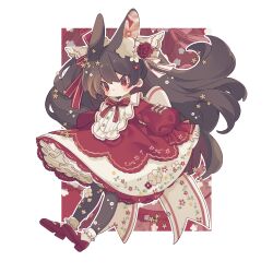 Rule 34 | 1girl, animal ear fluff, animal ears, black pantyhose, brown hair, closed mouth, commentary, dated commentary, dress, dress ribbon, flat chest, flower, fox ears, fox girl, full body, hair flower, hair ornament, hair ribbon, highres, long hair, long sleeves, mary janes, neck ribbon, original, ozureiji, pantyhose, petticoat, red dress, red eyes, red flower, red footwear, red ribbon, ribbon, shoes, socks, socks over pantyhose, solo, twintails, white ribbon, white socks, yellow flower